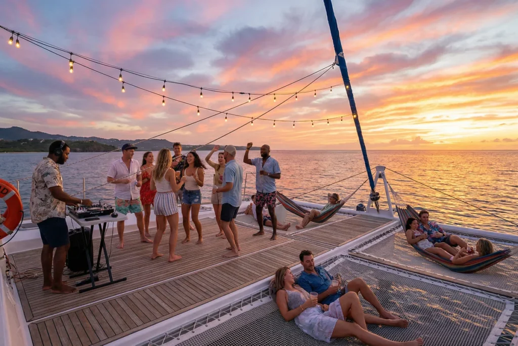 Fiesta en el catamarán durante el regreso del tour a Isla Saona, con música y baile al atardecer