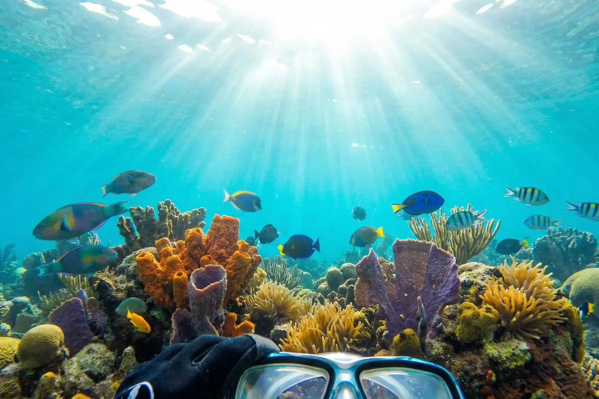 Vista submarina de un arrecife de coral mientras se hace snorkel en el Caribe Dominicano