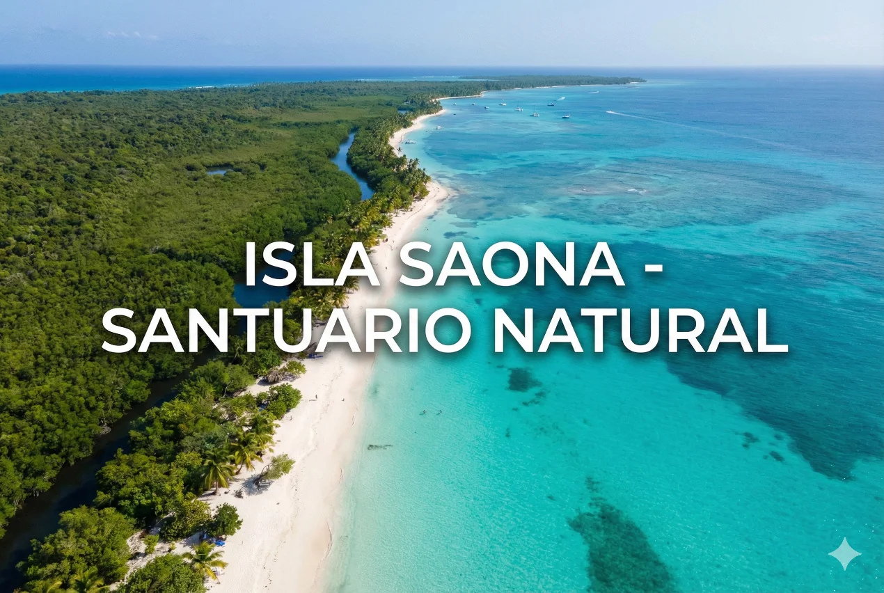 Mapa aéreo mostrando la superficie de 110 km cuadrados de Isla Saona y su ubicación geográfica en el Caribe