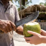 Vendedor local abriendo un coco fresco, una de las frutas tropicales que se pueden probar en Isla Saona