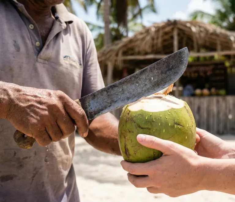 Vendedor local abriendo un coco fresco, una de las frutas tropicales que se pueden probar en Isla Saona