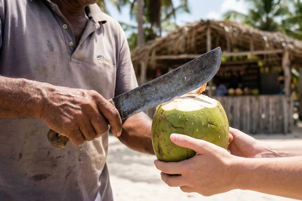 Vendedor local abriendo un coco fresco, una de las frutas tropicales que se pueden probar en Isla Saona
