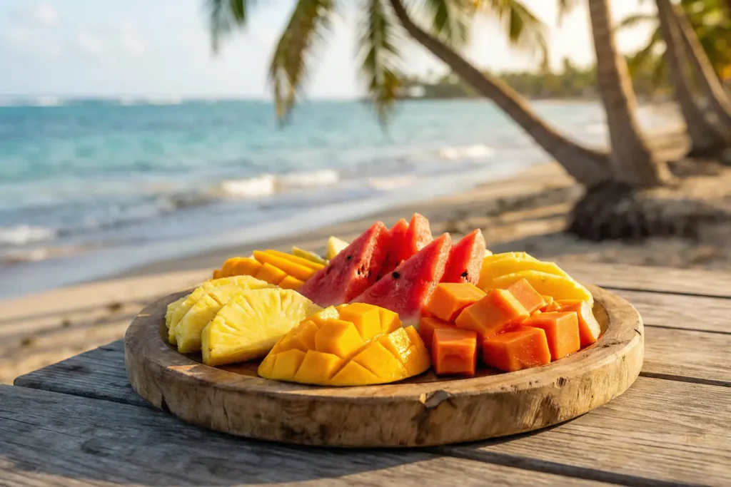 Plato con una selección de frutas tropicales que puedes probar en Isla Saona durante el almuerzo buffet