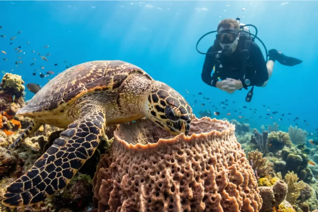 Encuentro cercano con una tortuga carey, una experiencia común en el buceo en Isla Saona