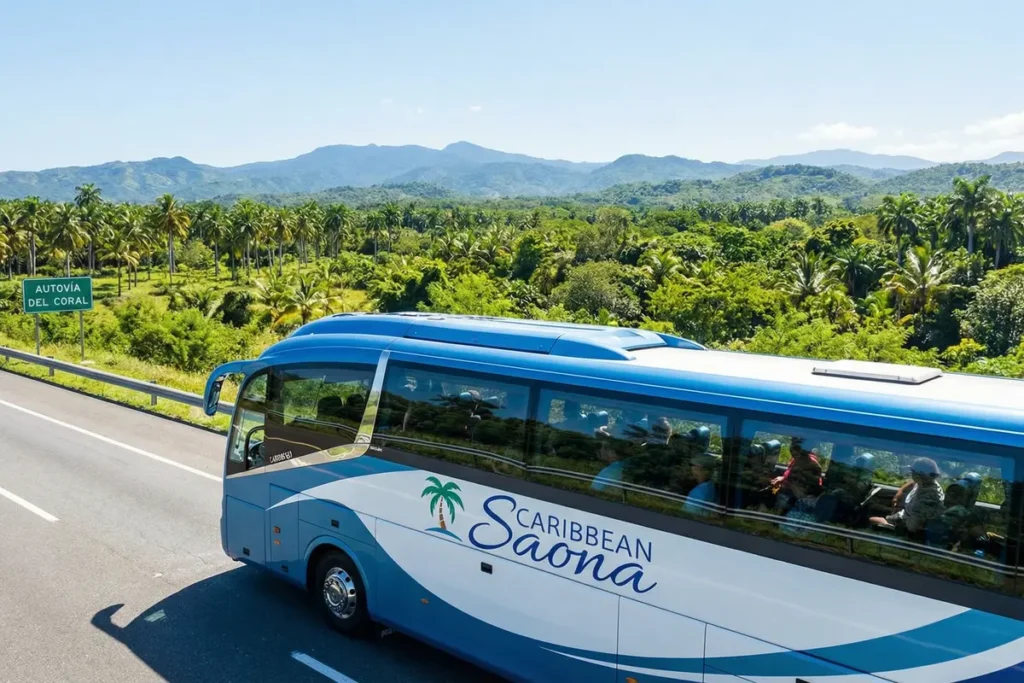 Autobús del tour a Isla Saona desde Punta Cana viajando por la Autovía del Coral