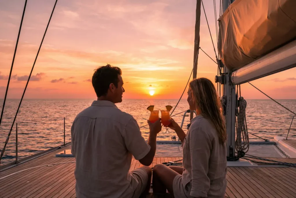 Pareja brindando al atardecer desde el catamarán en un tour de día completo a Isla Saona