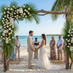 Ceremonia de una boda destino en Isla Saona, con un altar frente al mar Caribe