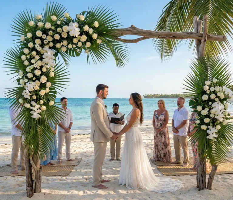 Ceremonia de una boda destino en Isla Saona, con un altar frente al mar Caribe