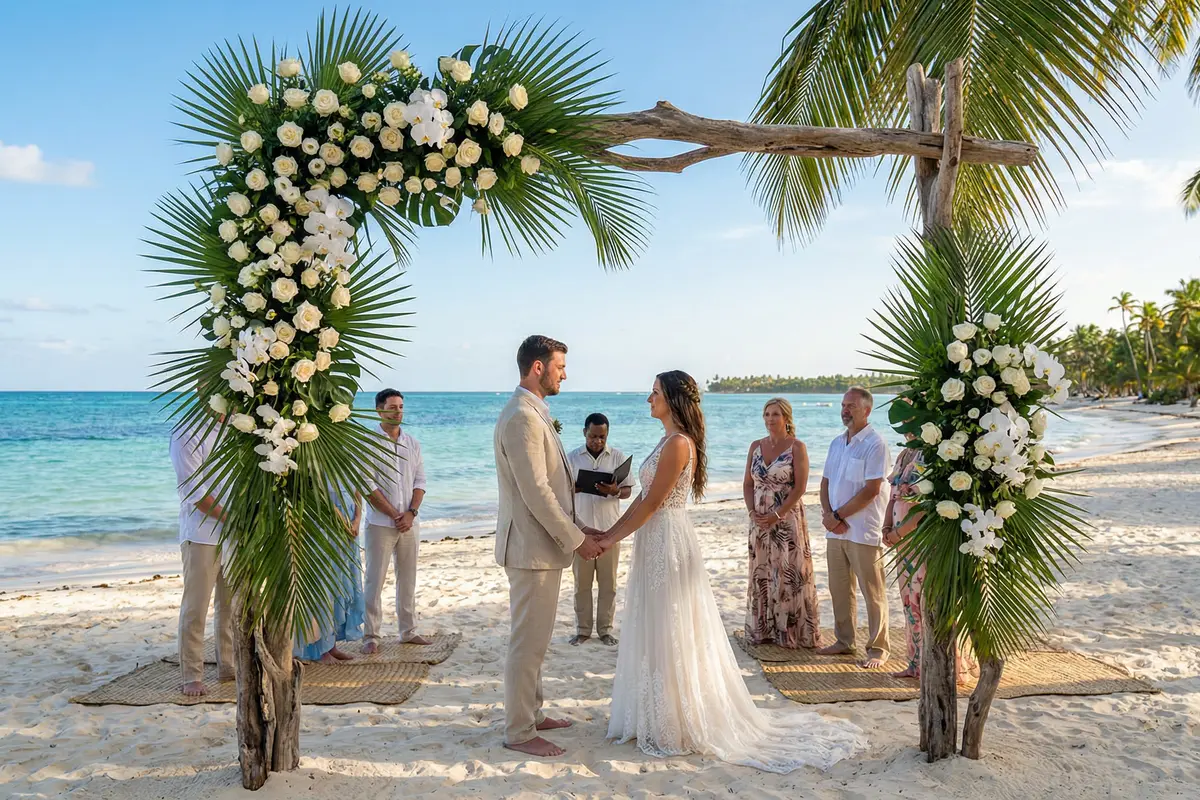 Ceremonia de una boda destino en Isla Saona, con un altar frente al mar Caribe