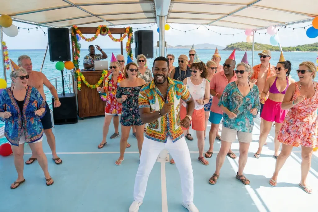 Fiesta y baile a bordo durante la excursión de un día completo en catamarán a Isla Saona