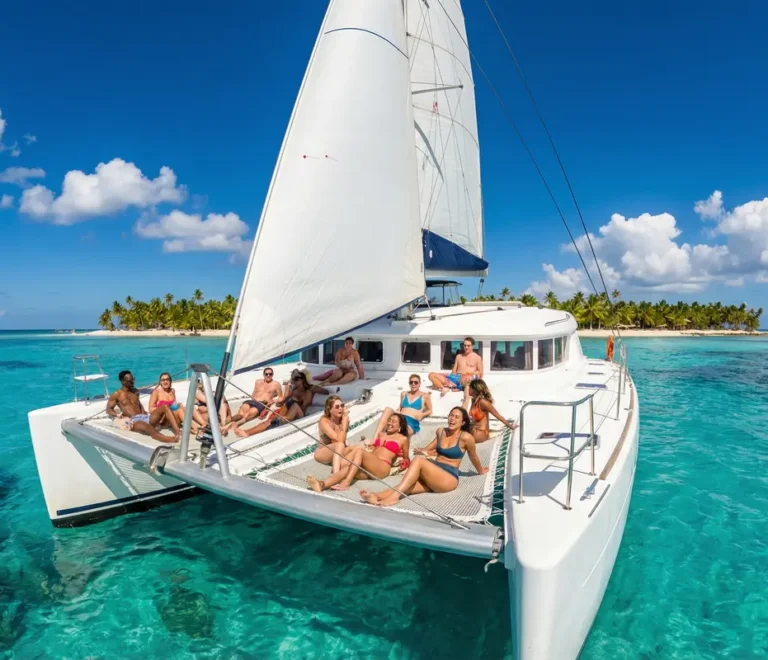 Turistas relajándose en las redes de un catamarán durante un día completo en Isla Saona.