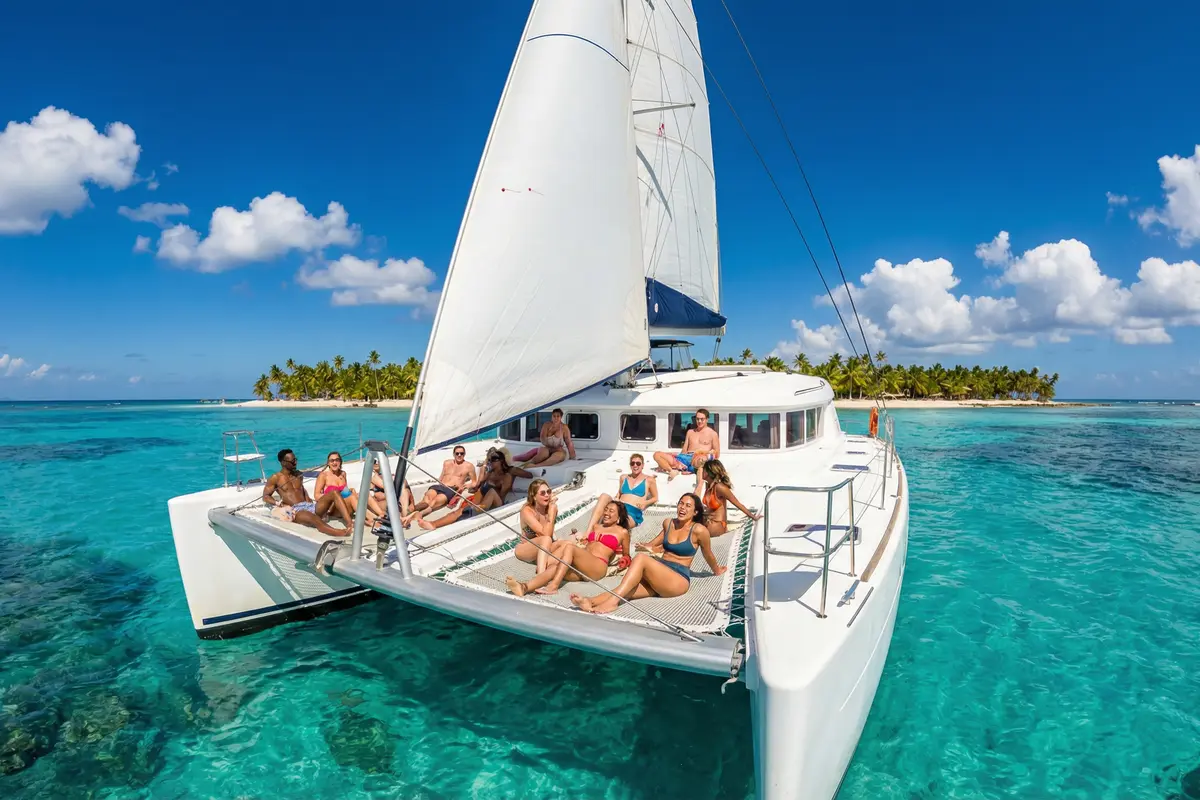 Turistas relajándose en las redes de un catamarán durante un día completo en Isla Saona.